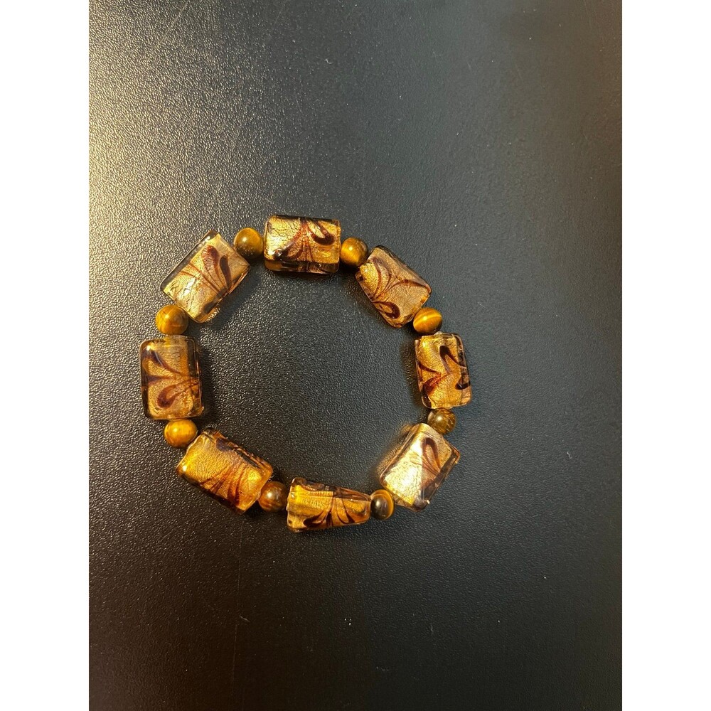 Murano Style Gold Foil Glass Tiger Eye Beaded Stretch Bracelet Chunky Statement